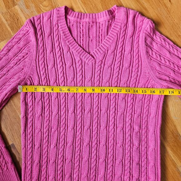 Womens Pink Cable Knit Cotton Sweater Size Medium V Neck Pullover Classic Preppy - Picture 3 of 8